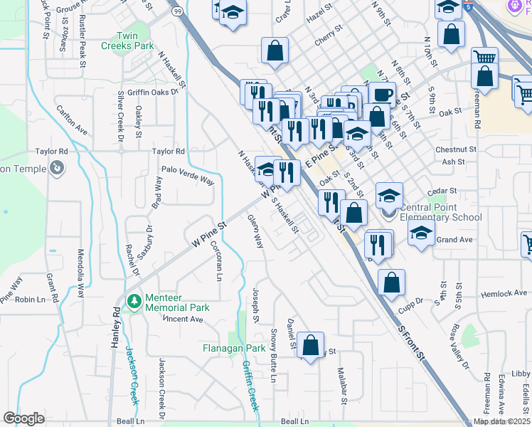 map of restaurants, bars, coffee shops, grocery stores, and more near 241 West Pine Street in Central Point