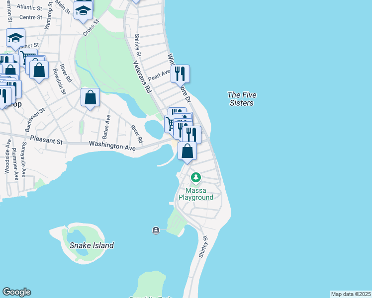 map of restaurants, bars, coffee shops, grocery stores, and more near 503 Shirley Street in Winthrop