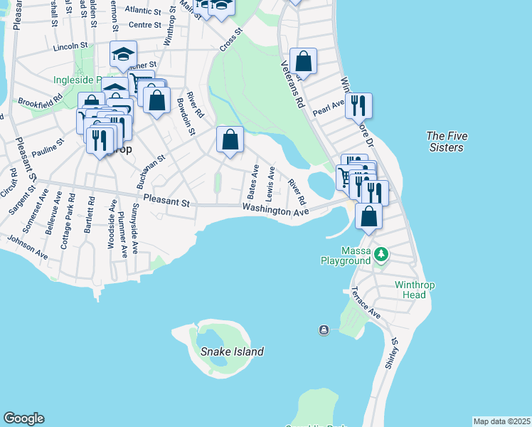 map of restaurants, bars, coffee shops, grocery stores, and more near 105 Washington Avenue in Winthrop