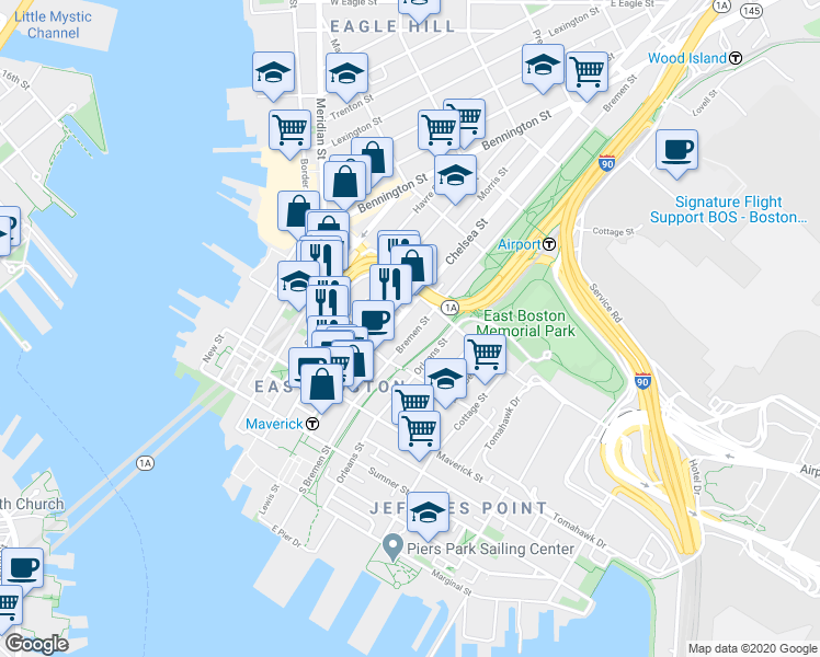 map of restaurants, bars, coffee shops, grocery stores, and more near 142 Bremen Street in Boston