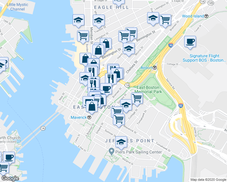 map of restaurants, bars, coffee shops, grocery stores, and more near 142 Bremen Street in Boston