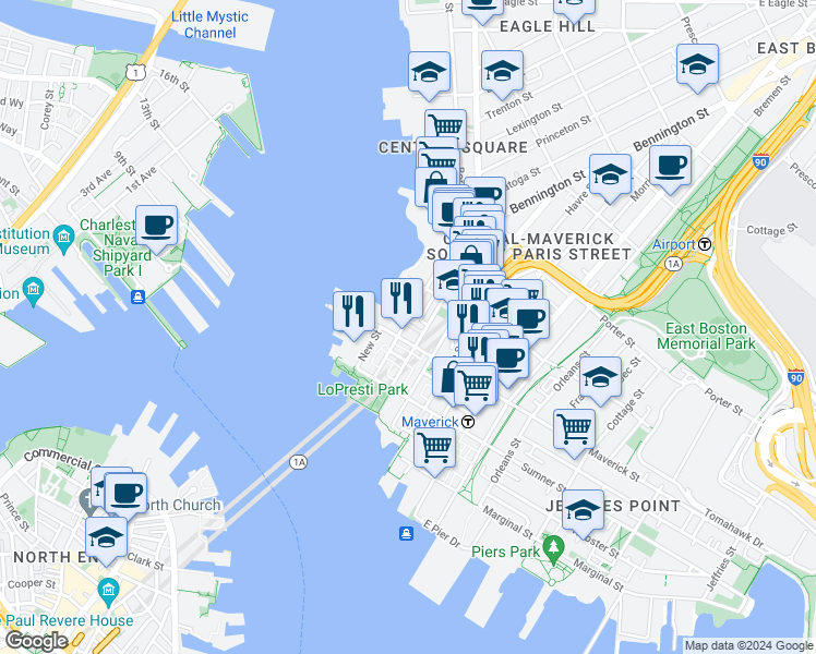 map of restaurants, bars, coffee shops, grocery stores, and more near 72 Liverpool Street in Boston