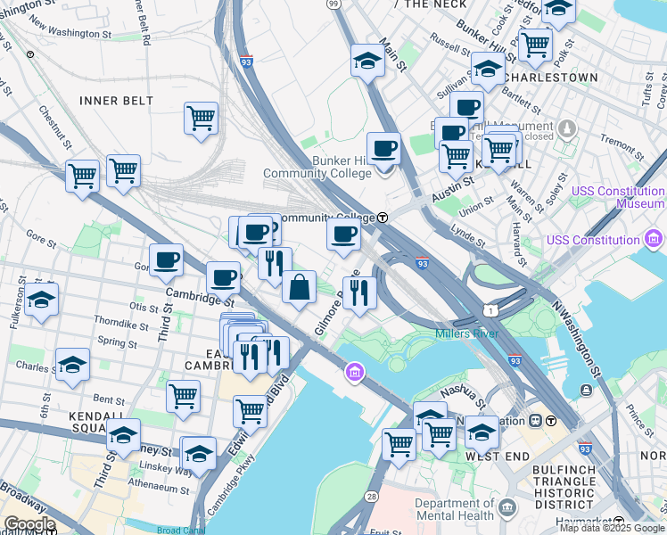 map of restaurants, bars, coffee shops, grocery stores, and more near 450 Water Street in Cambridge