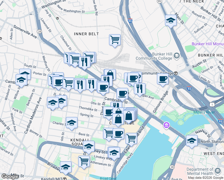 map of restaurants, bars, coffee shops, grocery stores, and more near in Cambridge