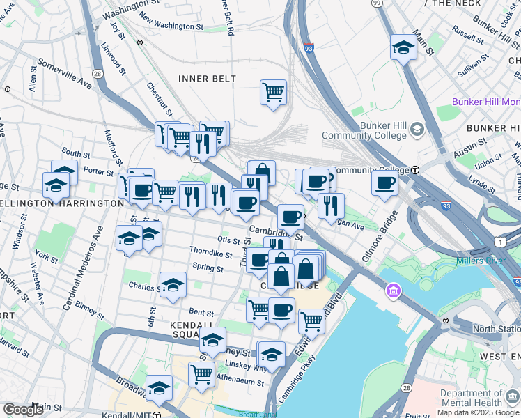 map of restaurants, bars, coffee shops, grocery stores, and more near in Cambridge