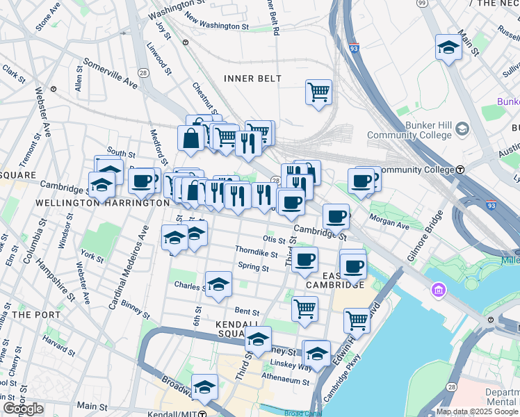 map of restaurants, bars, coffee shops, grocery stores, and more near 91 Gore Street in Cambridge