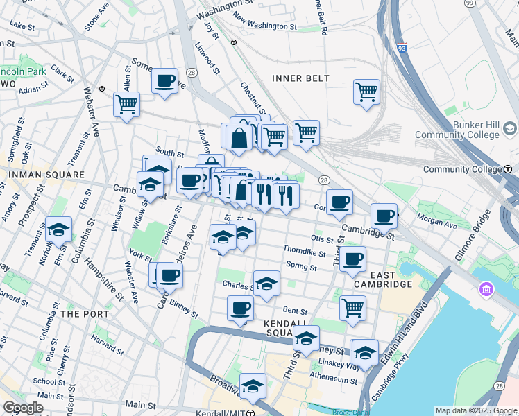 map of restaurants, bars, coffee shops, grocery stores, and more near 9 6th Street in Cambridge