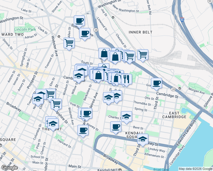 map of restaurants, bars, coffee shops, grocery stores, and more near 723 Cambridge Street in Cambridge