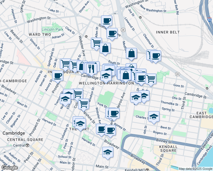 map of restaurants, bars, coffee shops, grocery stores, and more near 832 Cambridge Street in Cambridge