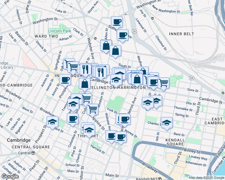 map of restaurants, bars, coffee shops, grocery stores, and more near 3 Palermo Street in Cambridge