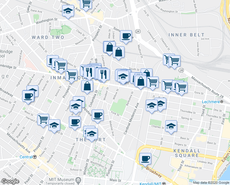 map of restaurants, bars, coffee shops, grocery stores, and more near 3 Palermo Street in Cambridge