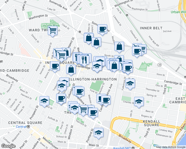 map of restaurants, bars, coffee shops, grocery stores, and more near 3 Palermo Street in Cambridge