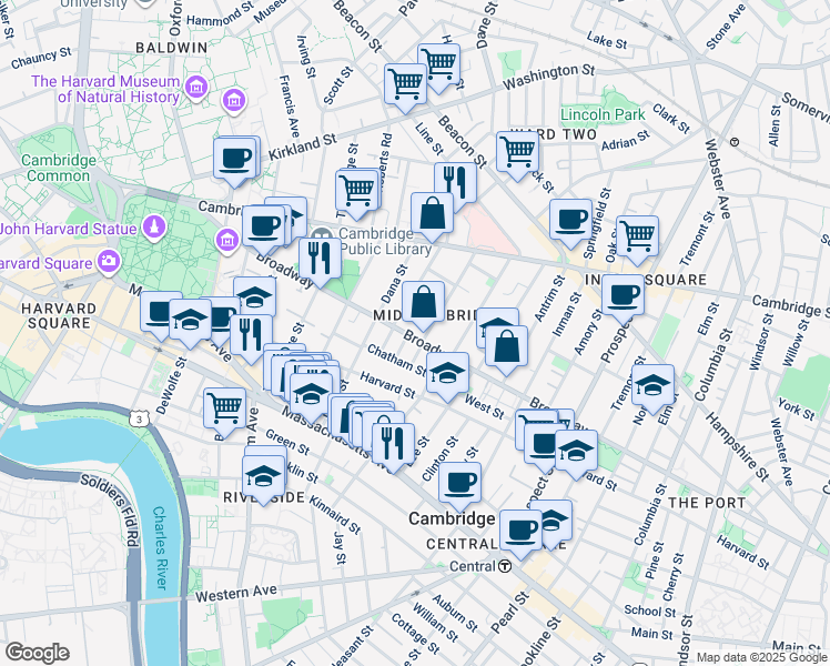 map of restaurants, bars, coffee shops, grocery stores, and more near 399 Broadway in Cambridge