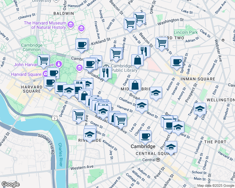 map of restaurants, bars, coffee shops, grocery stores, and more near 43 Dana Street in Cambridge