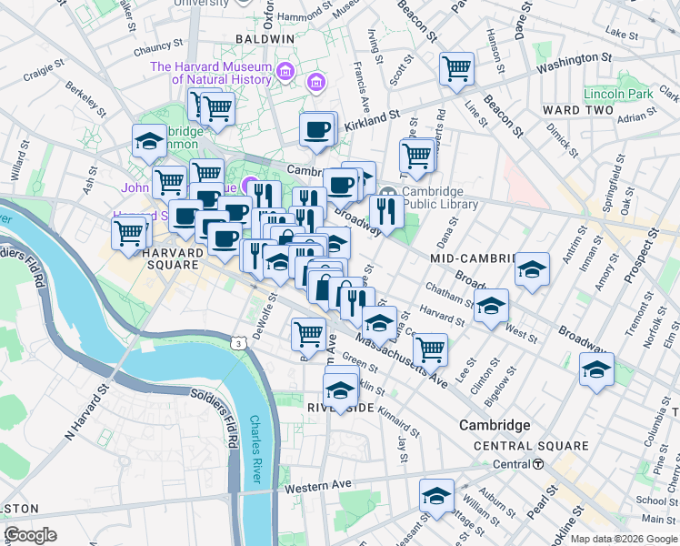 map of restaurants, bars, coffee shops, grocery stores, and more near 400 Harvard Street in Cambridge