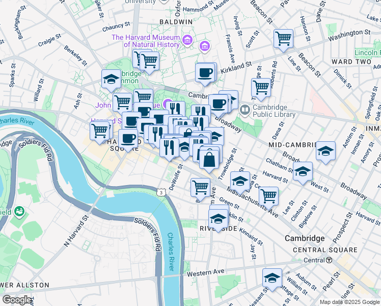 map of restaurants, bars, coffee shops, grocery stores, and more near in Cambridge