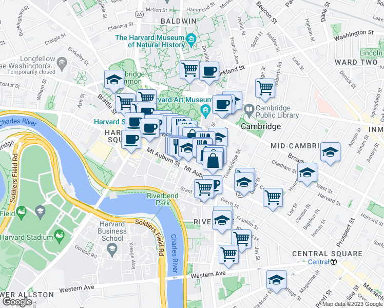 map of restaurants, bars, coffee shops, grocery stores, and more near 1201 Massachusetts Avenue in Cambridge