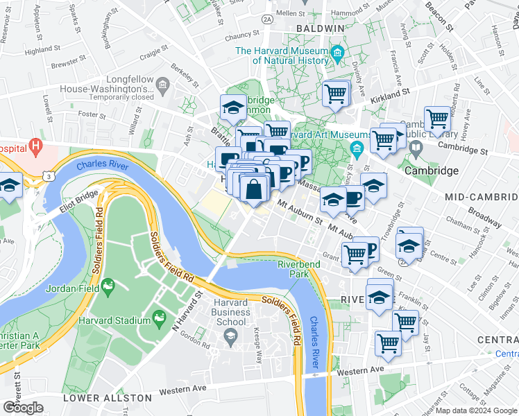 map of restaurants, bars, coffee shops, grocery stores, and more near 59 John F. Kennedy Street in Cambridge