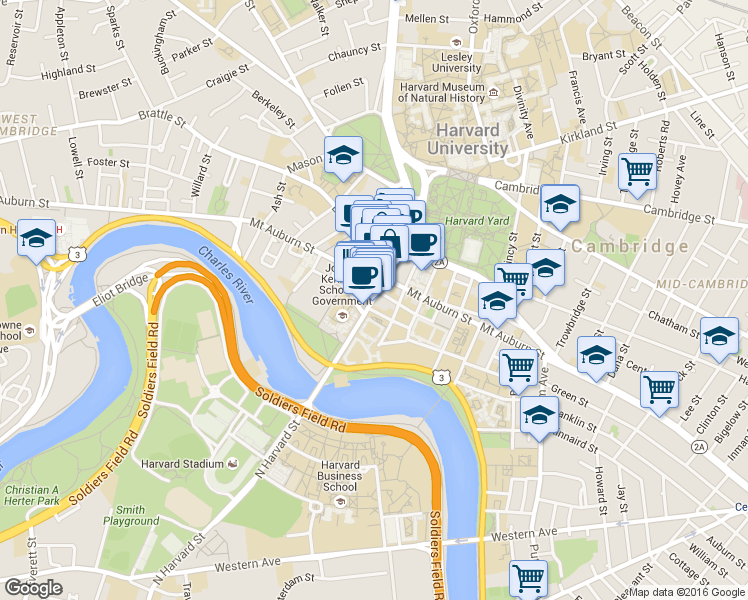 map of restaurants, bars, coffee shops, grocery stores, and more near 59 John F. Kennedy Street in Cambridge