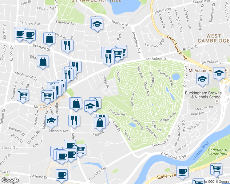 map of restaurants, bars, coffee shops, grocery stores, and more near 18 Sexton Street in Watertown