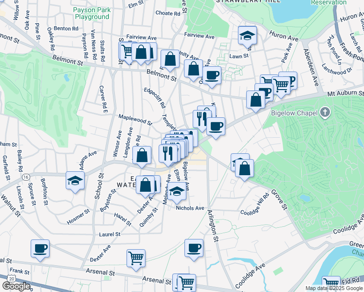 map of restaurants, bars, coffee shops, grocery stores, and more near 22 Kimball Road in Watertown
