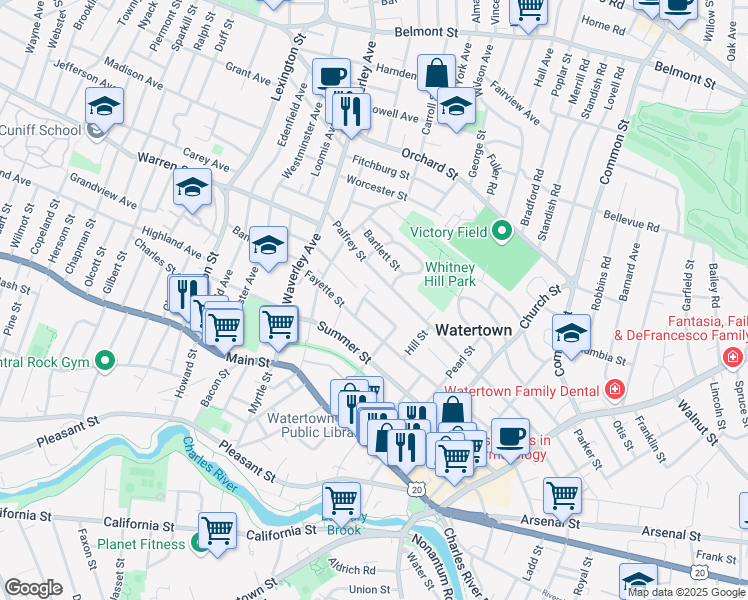 map of restaurants, bars, coffee shops, grocery stores, and more near 1 Oak Place in Watertown