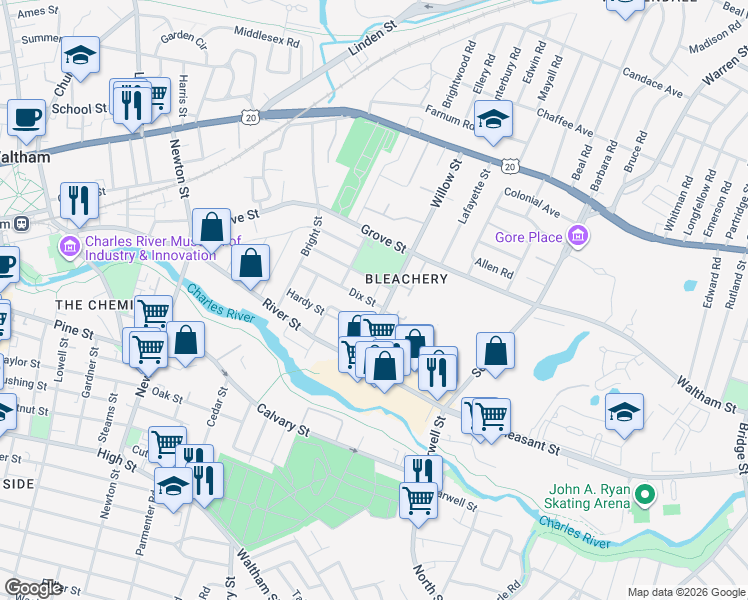 map of restaurants, bars, coffee shops, grocery stores, and more near 151 Willow Street in Waltham