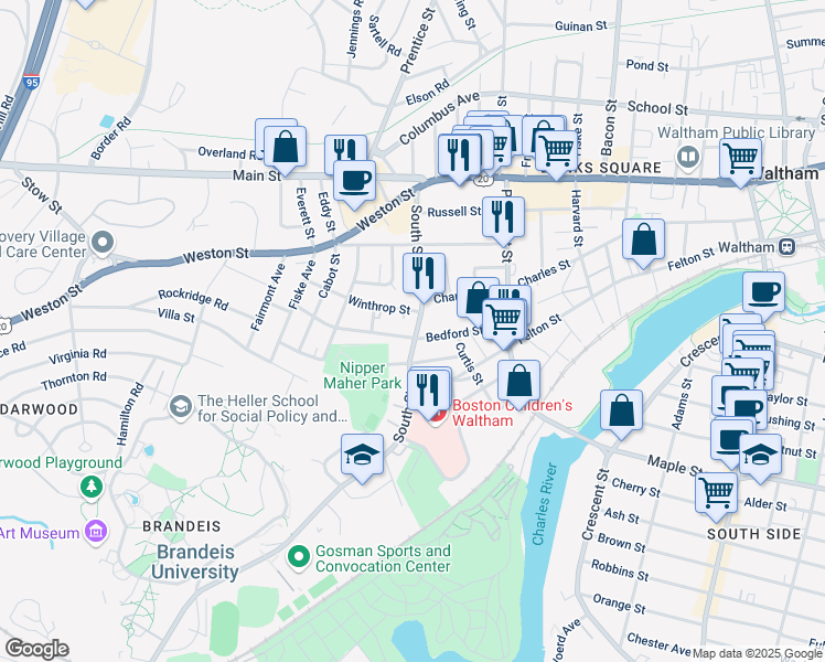 map of restaurants, bars, coffee shops, grocery stores, and more near 108 South Street in Waltham