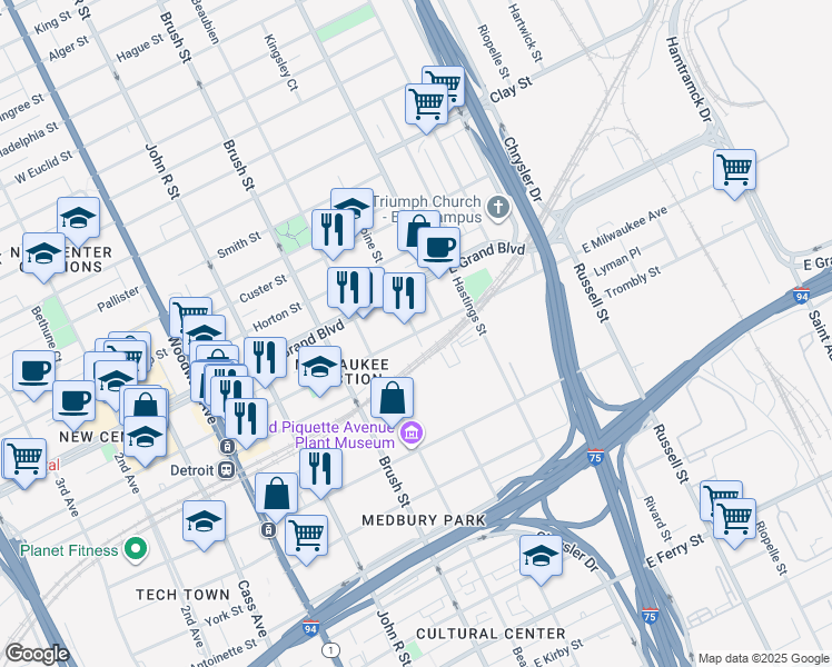map of restaurants, bars, coffee shops, grocery stores, and more near 575 East Milwaukee Avenue in Detroit