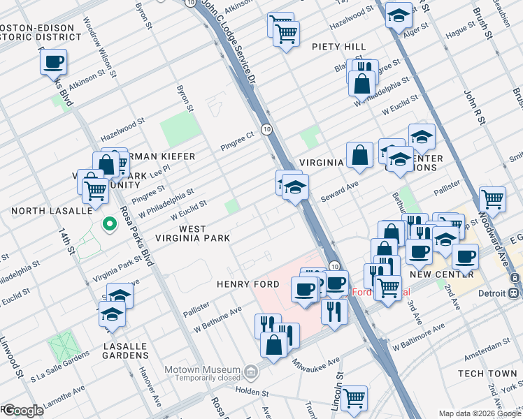 map of restaurants, bars, coffee shops, grocery stores, and more near 1209 Virginia Park Street in Detroit