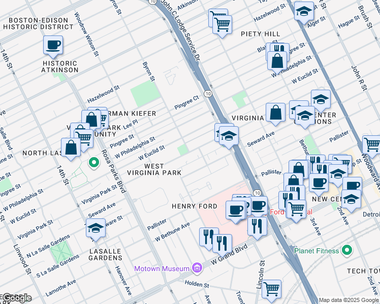map of restaurants, bars, coffee shops, grocery stores, and more near 1406 Virginia Park Street in Detroit