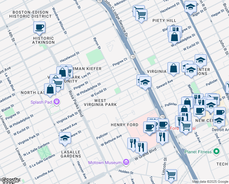 map of restaurants, bars, coffee shops, grocery stores, and more near 1406 Virginia Park Street in Detroit