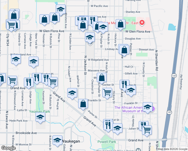 map of restaurants, bars, coffee shops, grocery stores, and more near 838 Chestnut Street in Waukegan