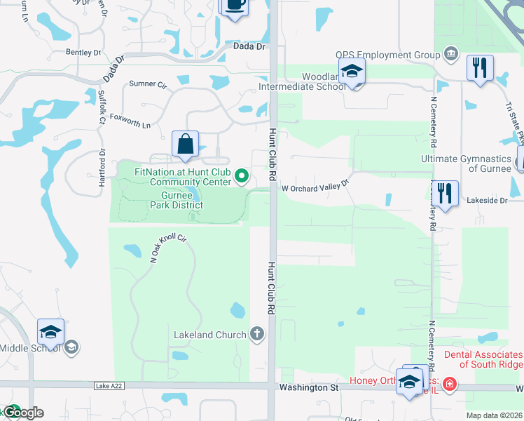map of restaurants, bars, coffee shops, grocery stores, and more near 35066 Hunt Club Road in Gurnee