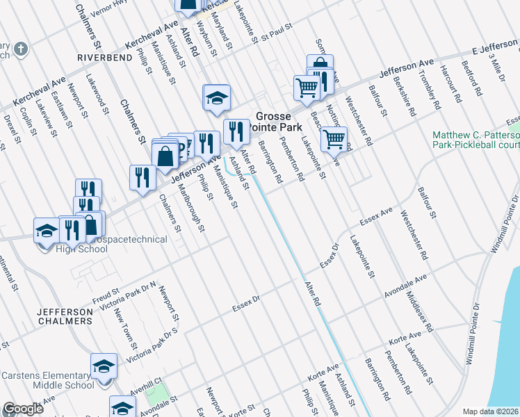 map of restaurants, bars, coffee shops, grocery stores, and more near 732 Ashland Street in Detroit