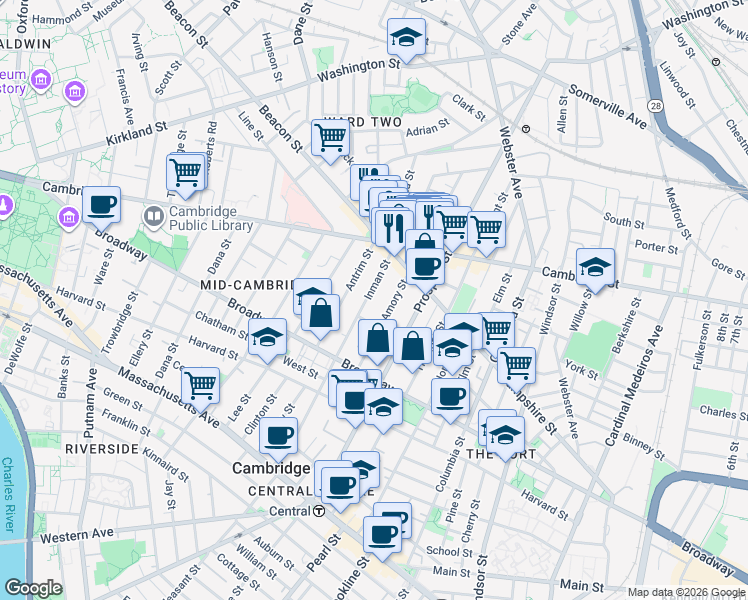 map of restaurants, bars, coffee shops, grocery stores, and more near 102-104 Inman St in Mid-Cambridge