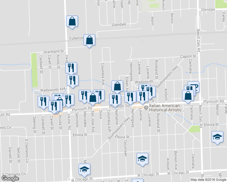 map of restaurants, bars, coffee shops, grocery stores, and more near 11770 Nathaline in Redford Charter Township
