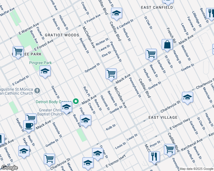 map of restaurants, bars, coffee shops, grocery stores, and more near 9211 Mack Avenue in Detroit