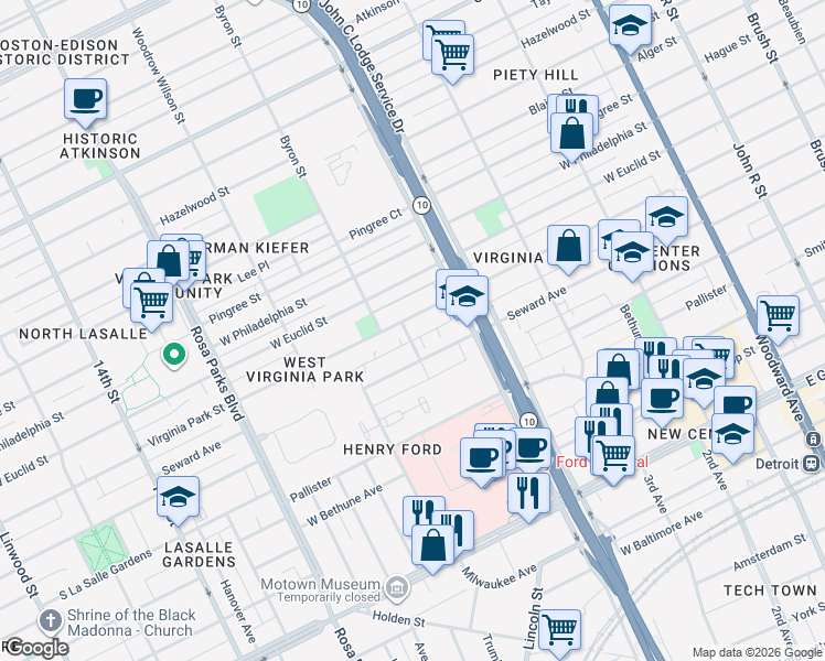 map of restaurants, bars, coffee shops, grocery stores, and more near 1209 Virginia Park Street in Detroit