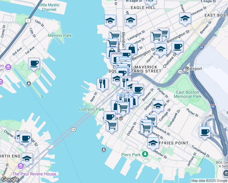 map of restaurants, bars, coffee shops, grocery stores, and more near 74 London Street in Boston