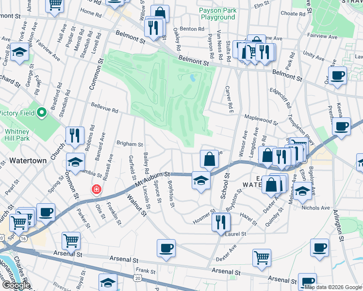 map of restaurants, bars, coffee shops, grocery stores, and more near 53 Oakley Road in Watertown