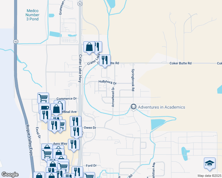 map of restaurants, bars, coffee shops, grocery stores, and more near 3877 Arrowhead Drive in Medford