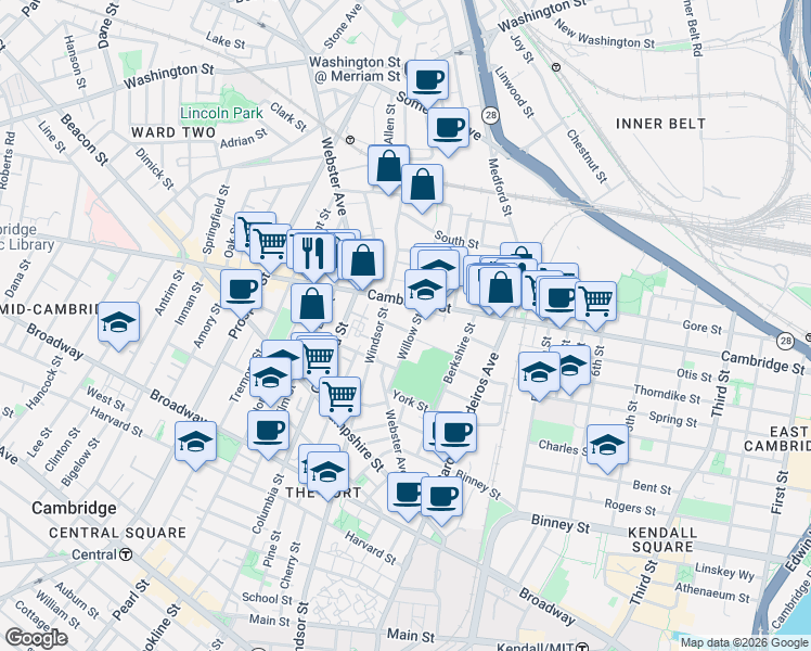 map of restaurants, bars, coffee shops, grocery stores, and more near 1 Palermo Street in Cambridge