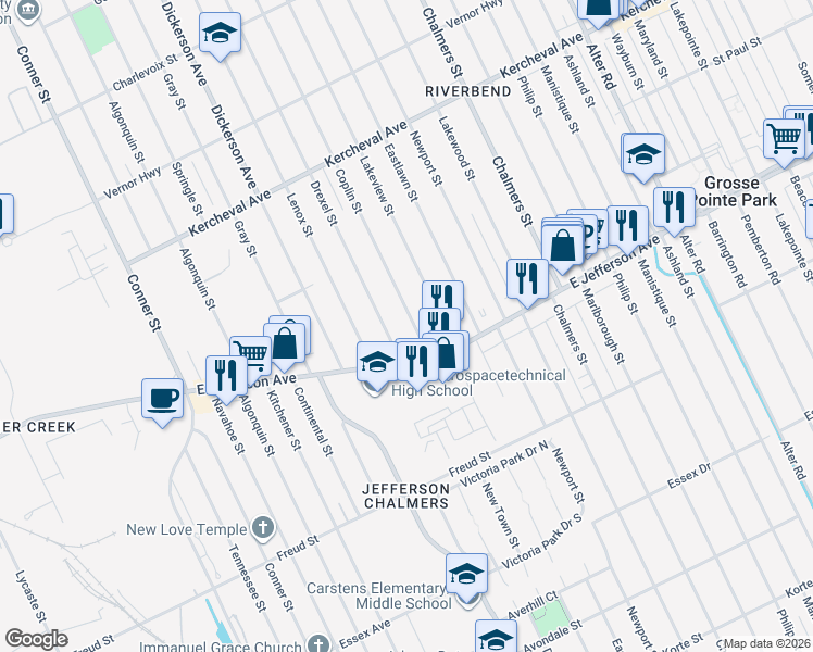 map of restaurants, bars, coffee shops, grocery stores, and more near 1074 Coplin Street in Detroit