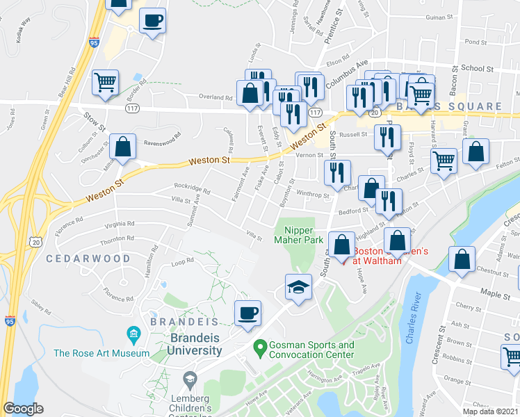 map of restaurants, bars, coffee shops, grocery stores, and more near 77 Cabot Street in Waltham