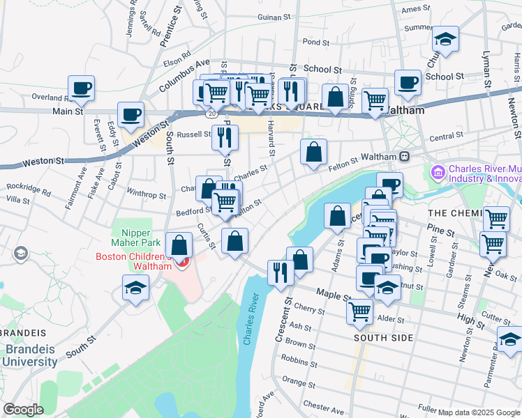 map of restaurants, bars, coffee shops, grocery stores, and more near 8 Fern Street in Waltham