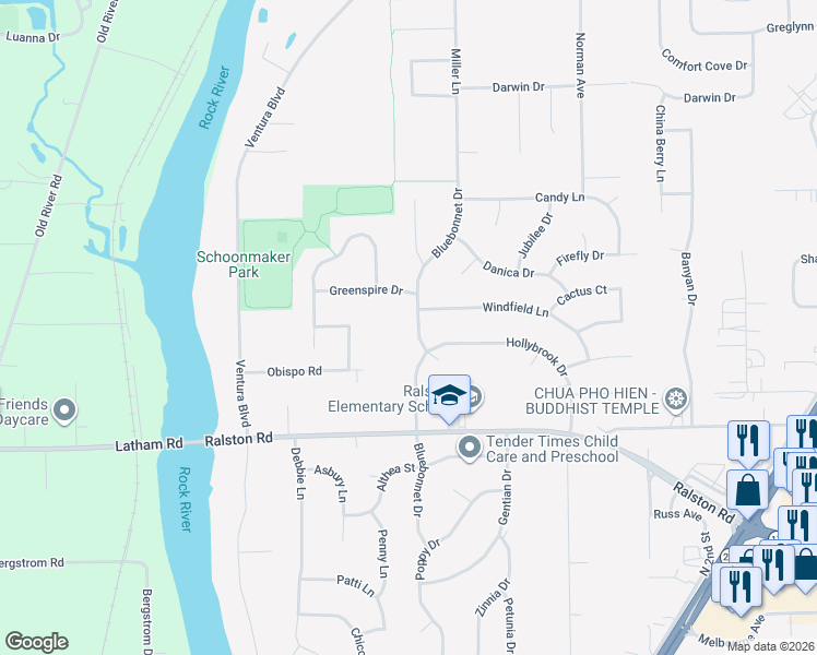 map of restaurants, bars, coffee shops, grocery stores, and more near 10320 Bluebonnet Drive in Machesney Park