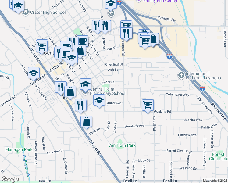 map of restaurants, bars, coffee shops, grocery stores, and more near 527 Bush Street in Central Point