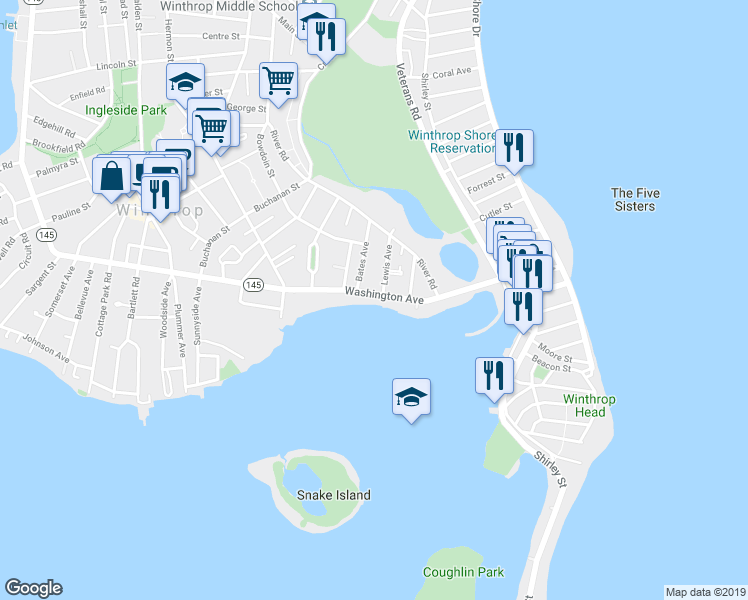 map of restaurants, bars, coffee shops, grocery stores, and more near 105 Washington Avenue in Winthrop