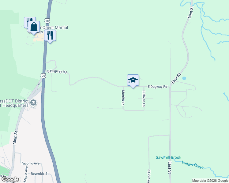 map of restaurants, bars, coffee shops, grocery stores, and more near 130 East Dugway Road in Lenox